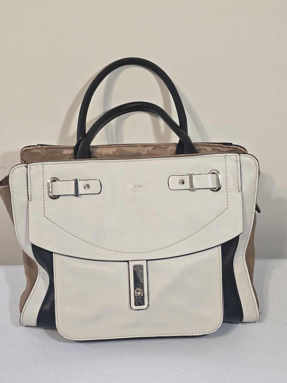 Guess White and Black Faux Leather Satchel Handbag